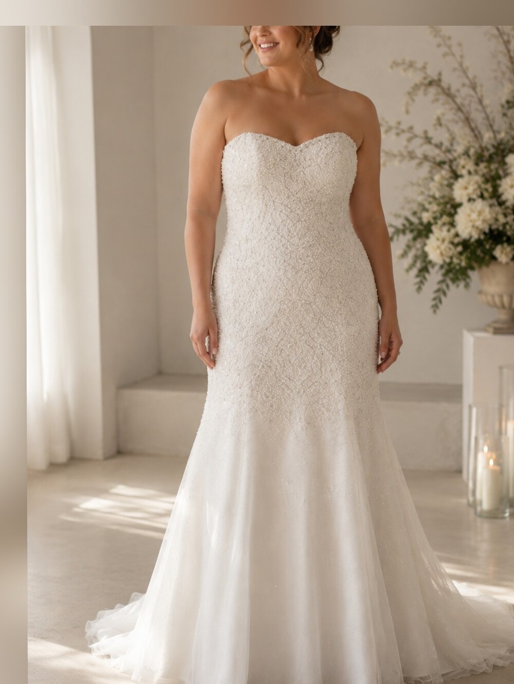 Galina Ivory Strapless crystal beaded tulle fit and flare Wedding Dress size 18